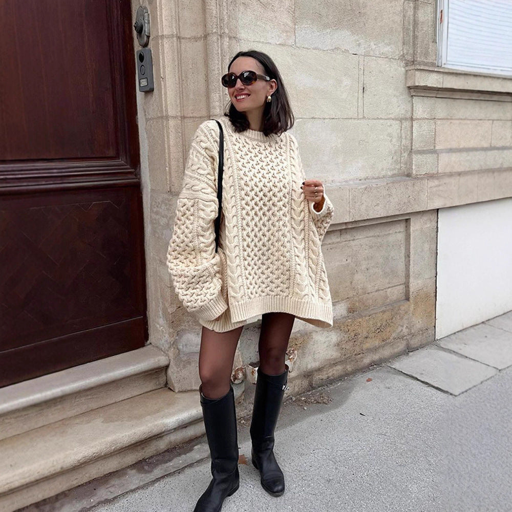 Damen Oversized Strickpullover mit Zopfmuster R&B