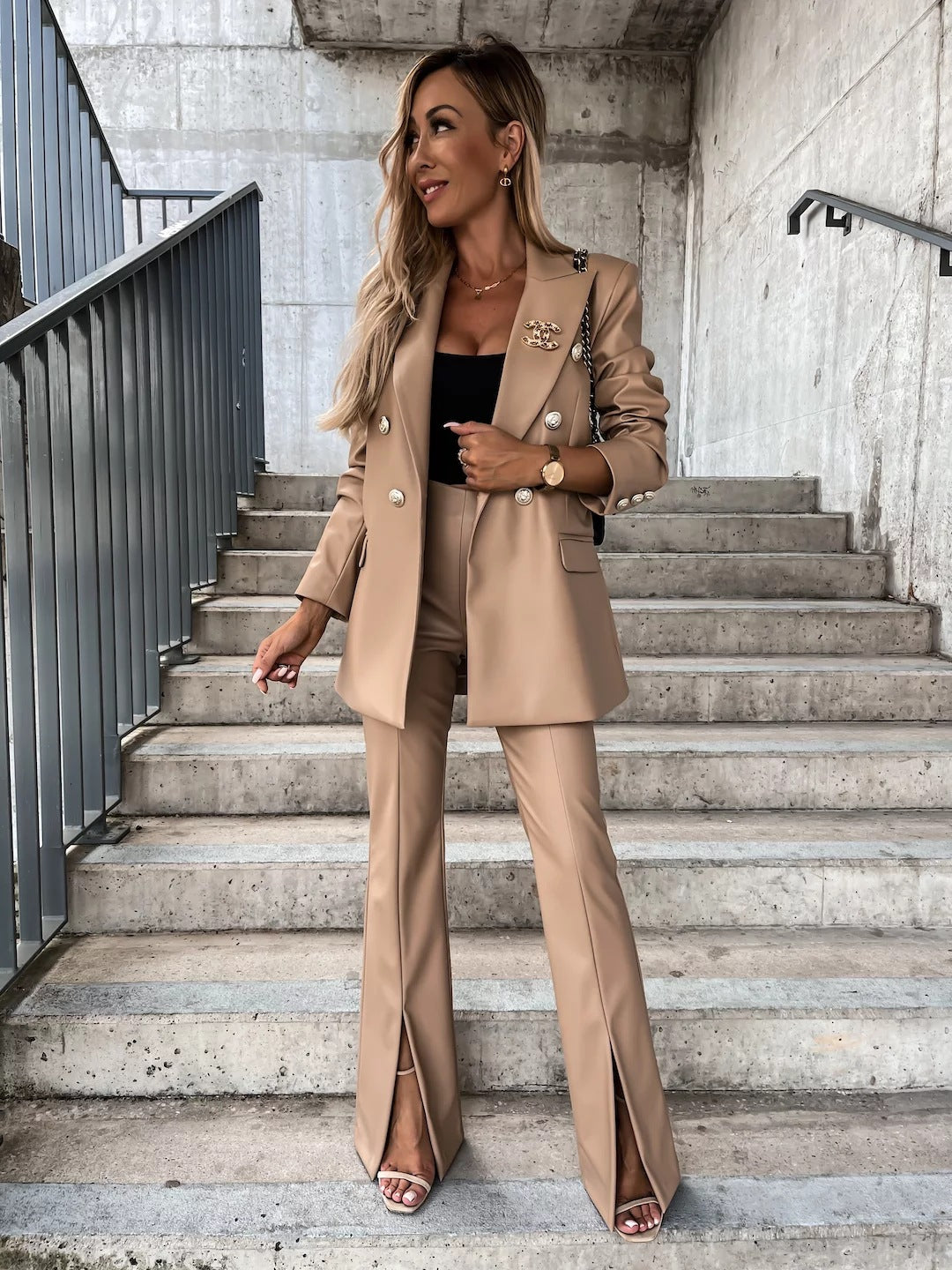Damen eleganter und stylischer Blazer mit hoher Taille und Schlitz R&B