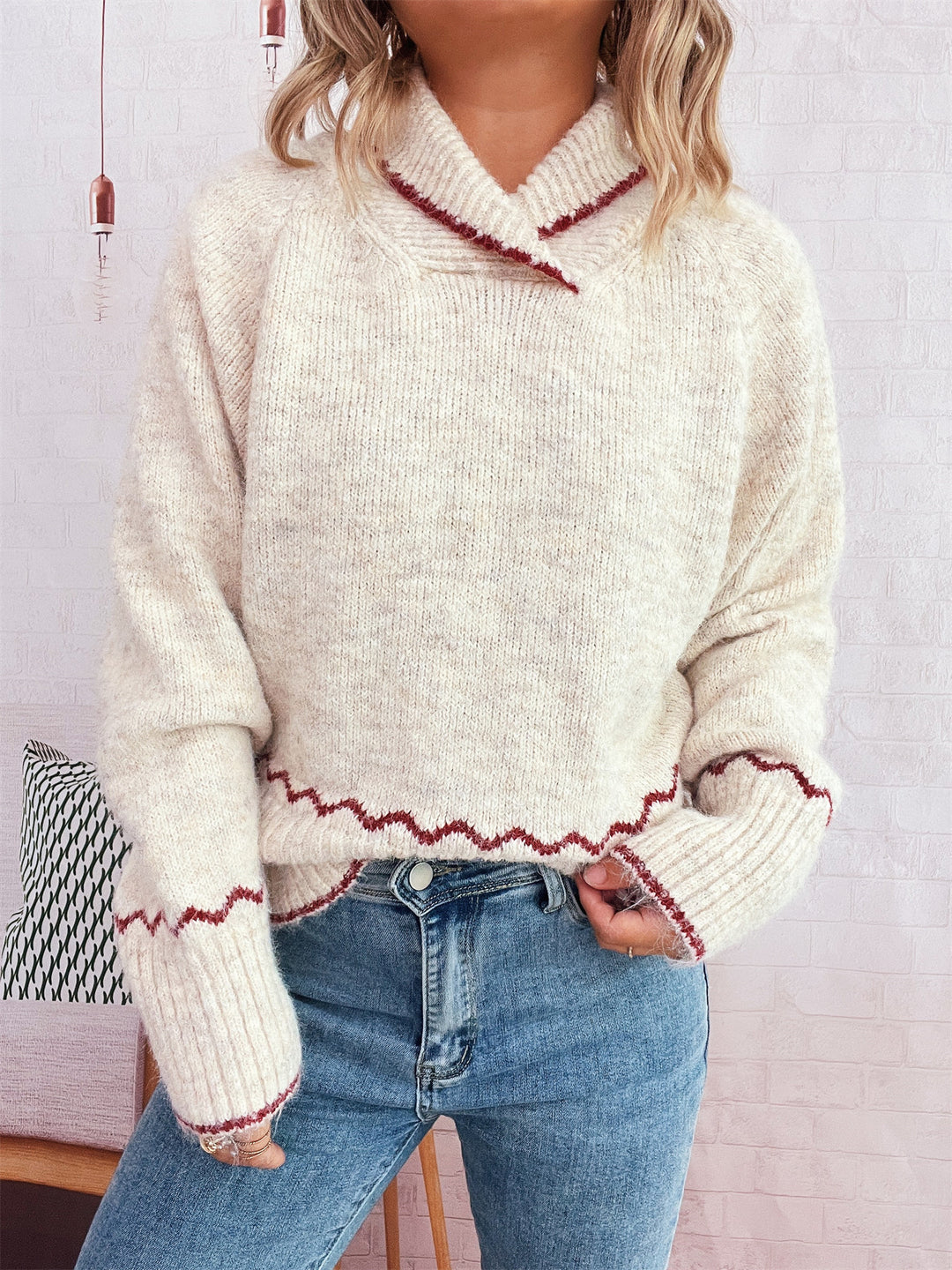 Damen lässiger Strickpullover mit modischem Kragen und fransigen Akzenten R&B