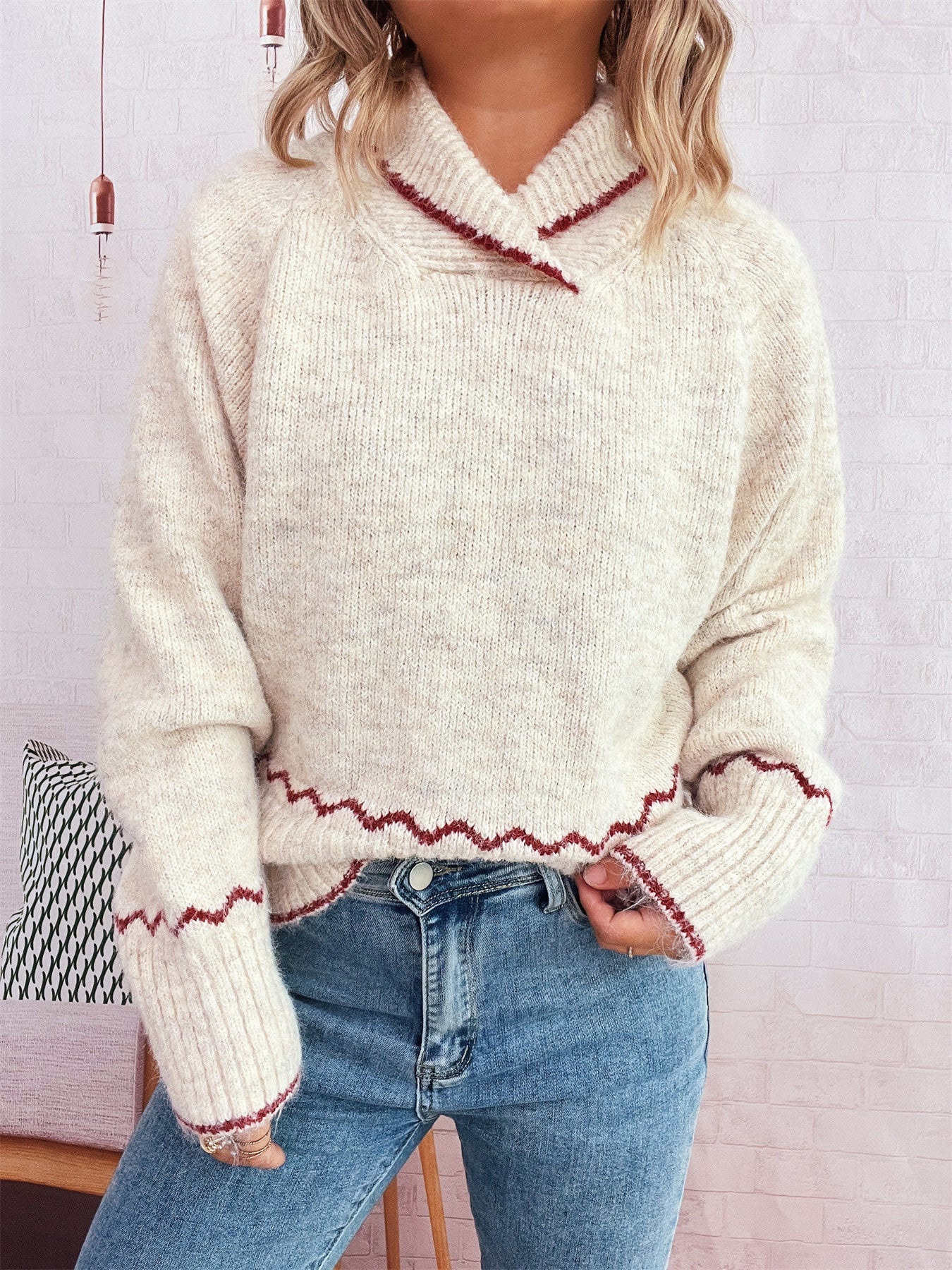 Damen lässiger Strickpullover mit modischem Kragen und fransigen Akzenten R&B