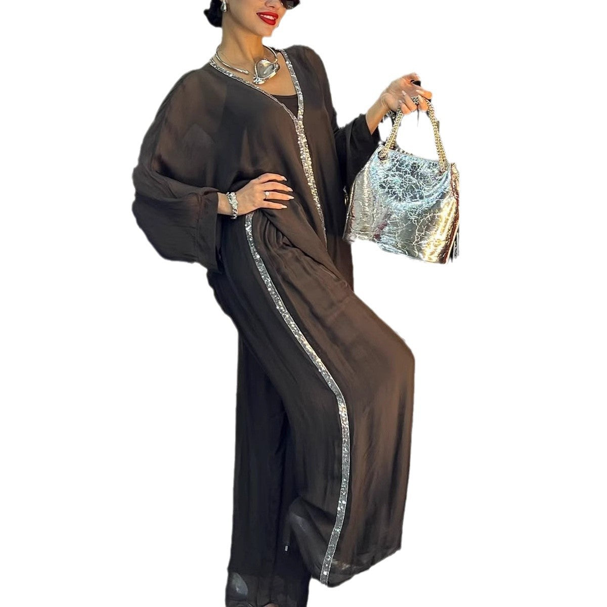 Damen elegante und luftige Bluse mit weitem Schnitt und passender Hose R&B