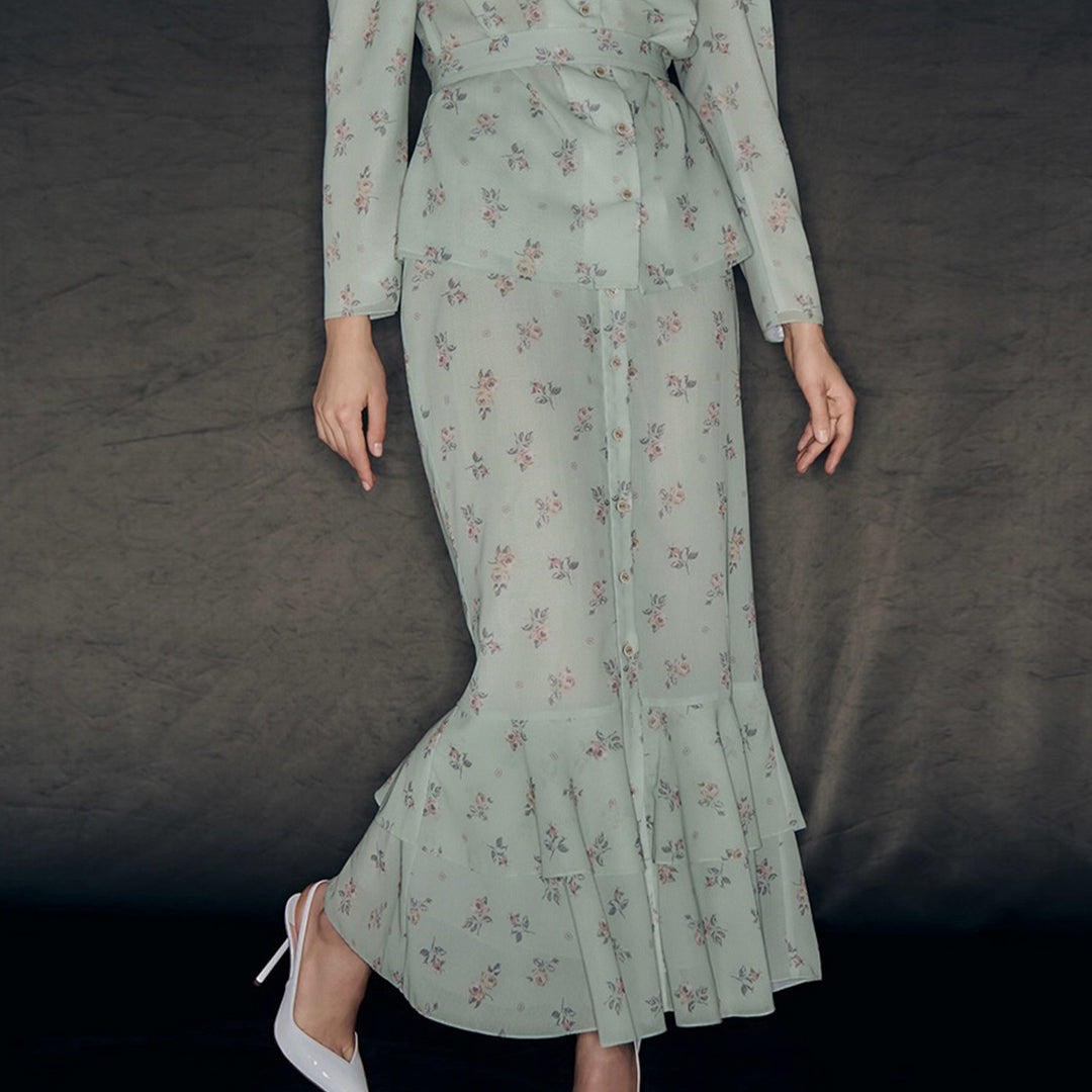 Damen Blütenmuster Maxikleid mit Puffärmeln R&B