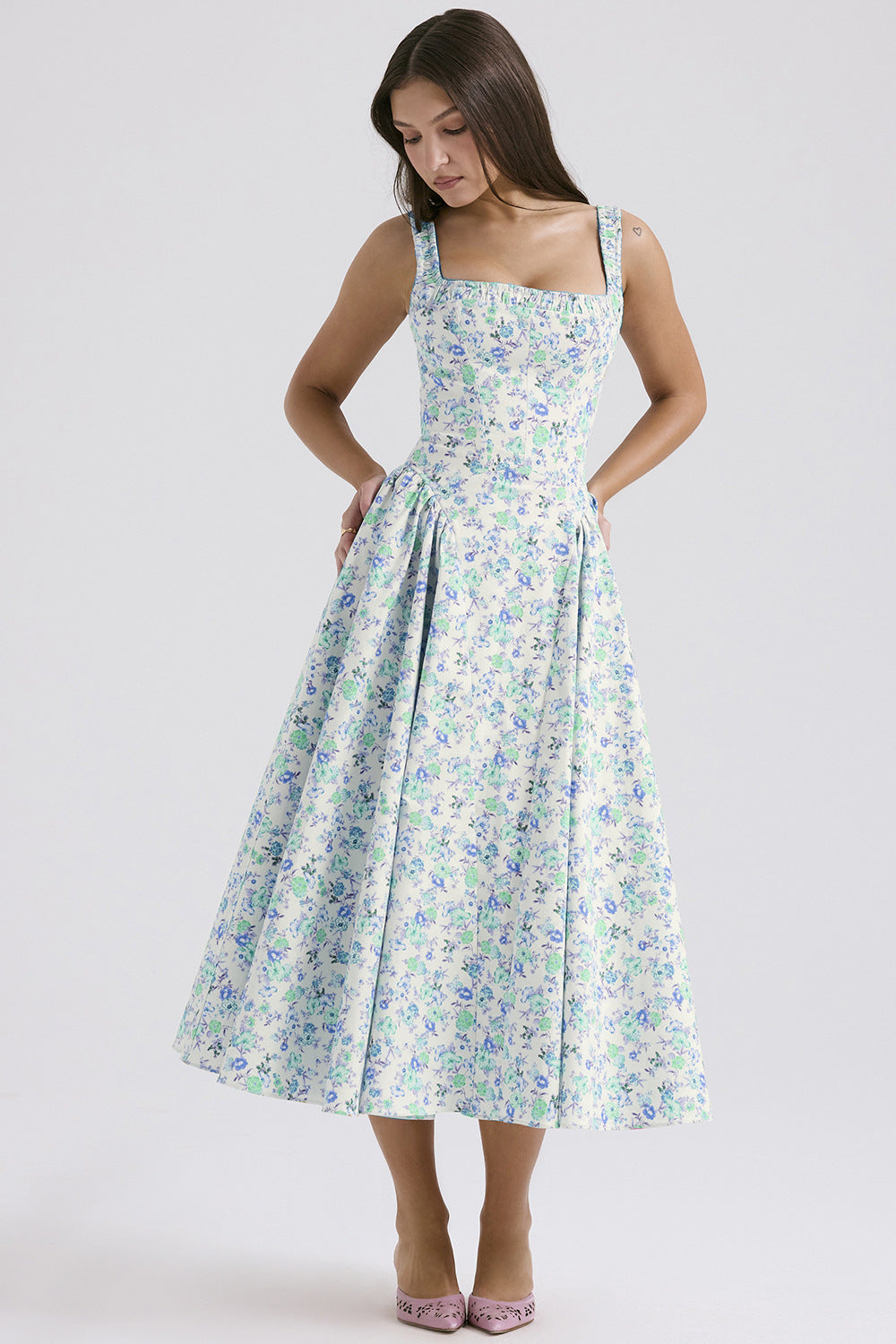 Damen Midi-Kleid mit floralem Muster und angeschnittenem Rock R&B