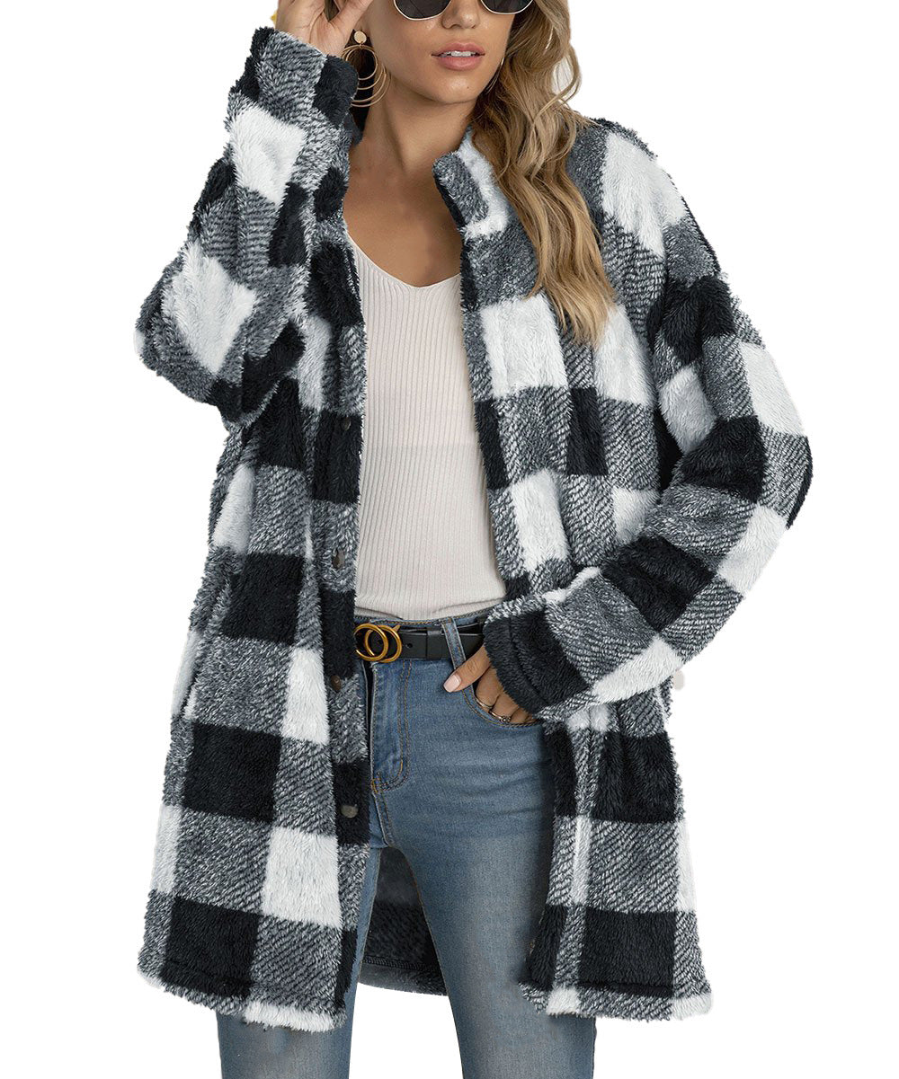 Damen Fleecejacke mit Karomuster und praktischen Taschen