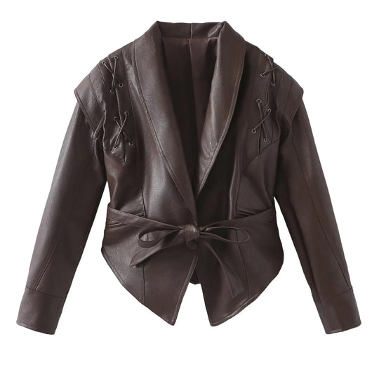 Damen Kunstlederblazer im modernem Design mit praktischem Gürtel R&B