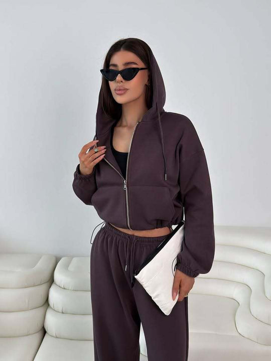 Damen lässige Kapuzenjacke mit hohem Kragen und Reißverschluss R&B