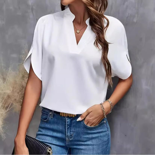 Damen elegante Bluse mit halben Ärmeln und modernem Stehkragen R&B