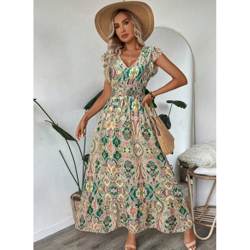 Damen Maxikleid mit raffinierten Volantärmeln und aufwendig floralem Muster R&B