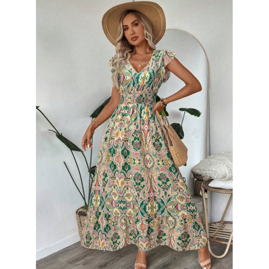 Damen Maxikleid mit raffinierten Volantärmeln und aufwendig floralem Muster R&B