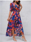 Damen Elegantes Maxi Kleid mit floralen Mustern und Taillengürtel R&B