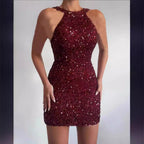 Damen Glitzerndes Minikleid mit halber Halsausschnitt und figurbetontem Schnitt EB