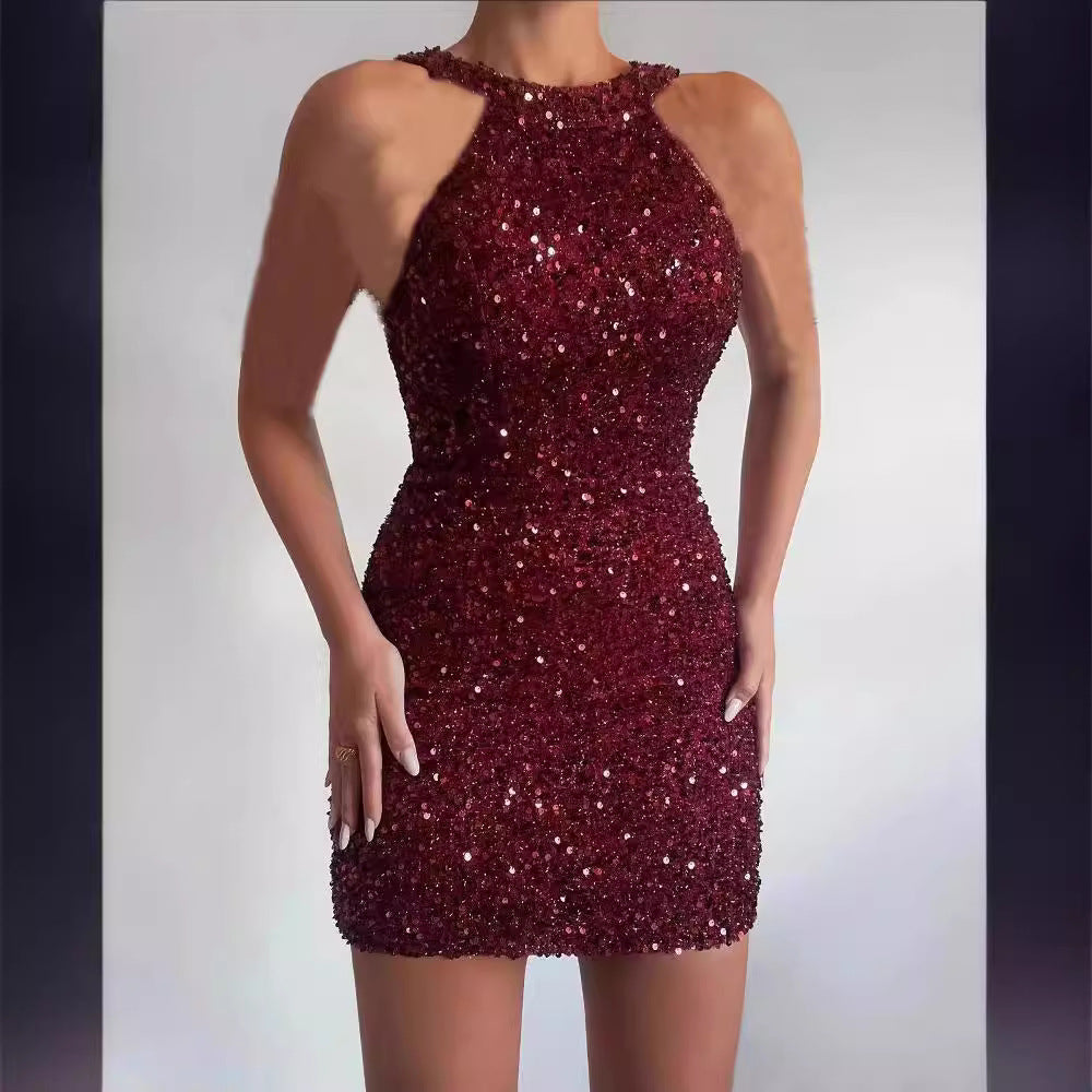 Damen Glitzerndes Minikleid mit halber Halsausschnitt und figurbetontem Schnitt EB