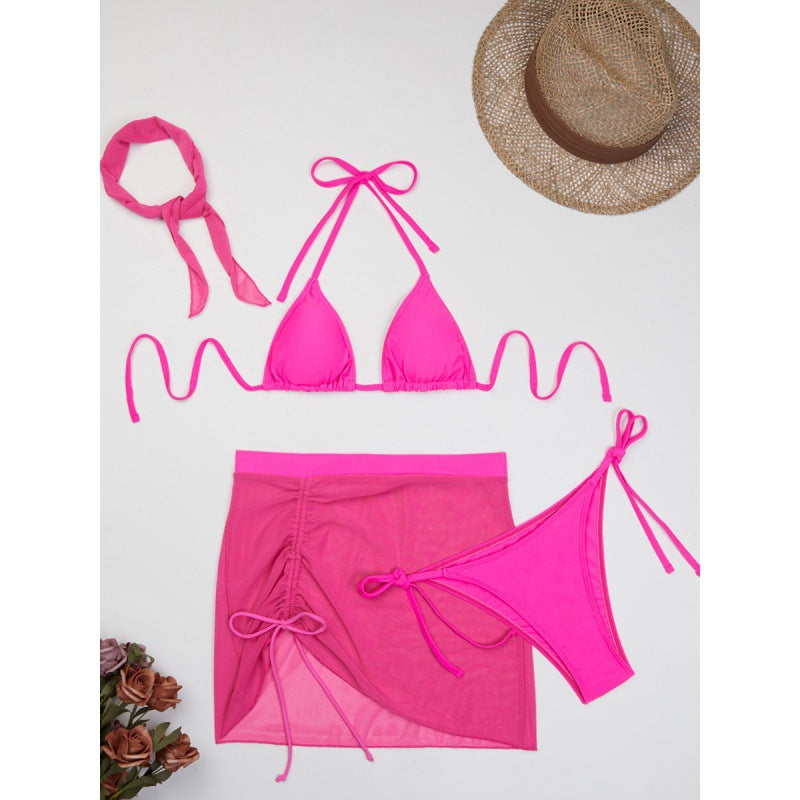 Damen Triangelbikini-Set mit transparentem Überrock und modischem Stirnband R&B