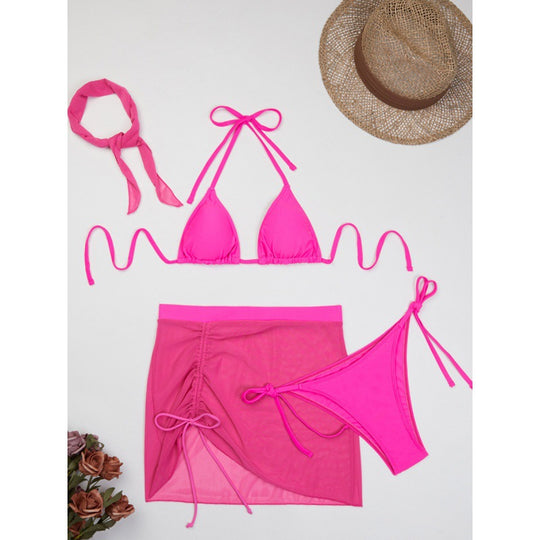 Damen Triangelbikini-Set mit transparentem Überrock und modischem Stirnband R&B