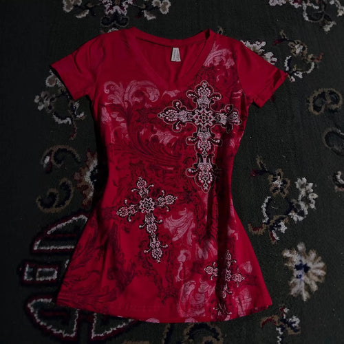 Damen T-Shirt mit dekorativem Kreuzdesign und floralen Akzenten R&B