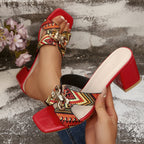 Damen Offene Blockabsatz-Sandalen mit modischem Ethno-Design R&B