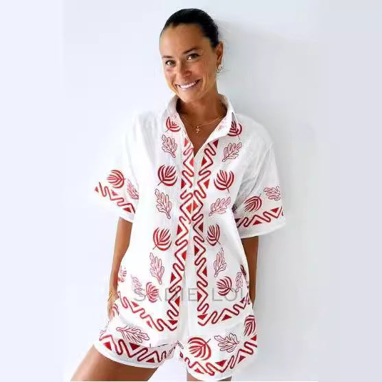 Damen luftiges Strand-Outfit mit floralem Stickdesign und praktischen Taschen R&B