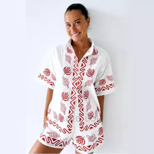Damen luftiges Strand-Outfit mit floralem Stickdesign und praktischen Taschen R&B