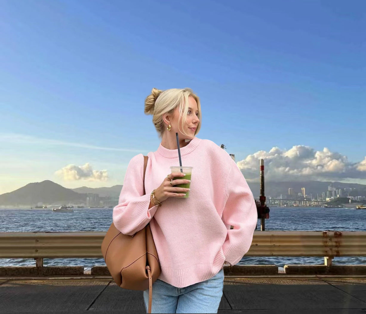 Damen Komfortabler Strickpullover mit weitem Schnitt und hochsteigendem Kragen R&B