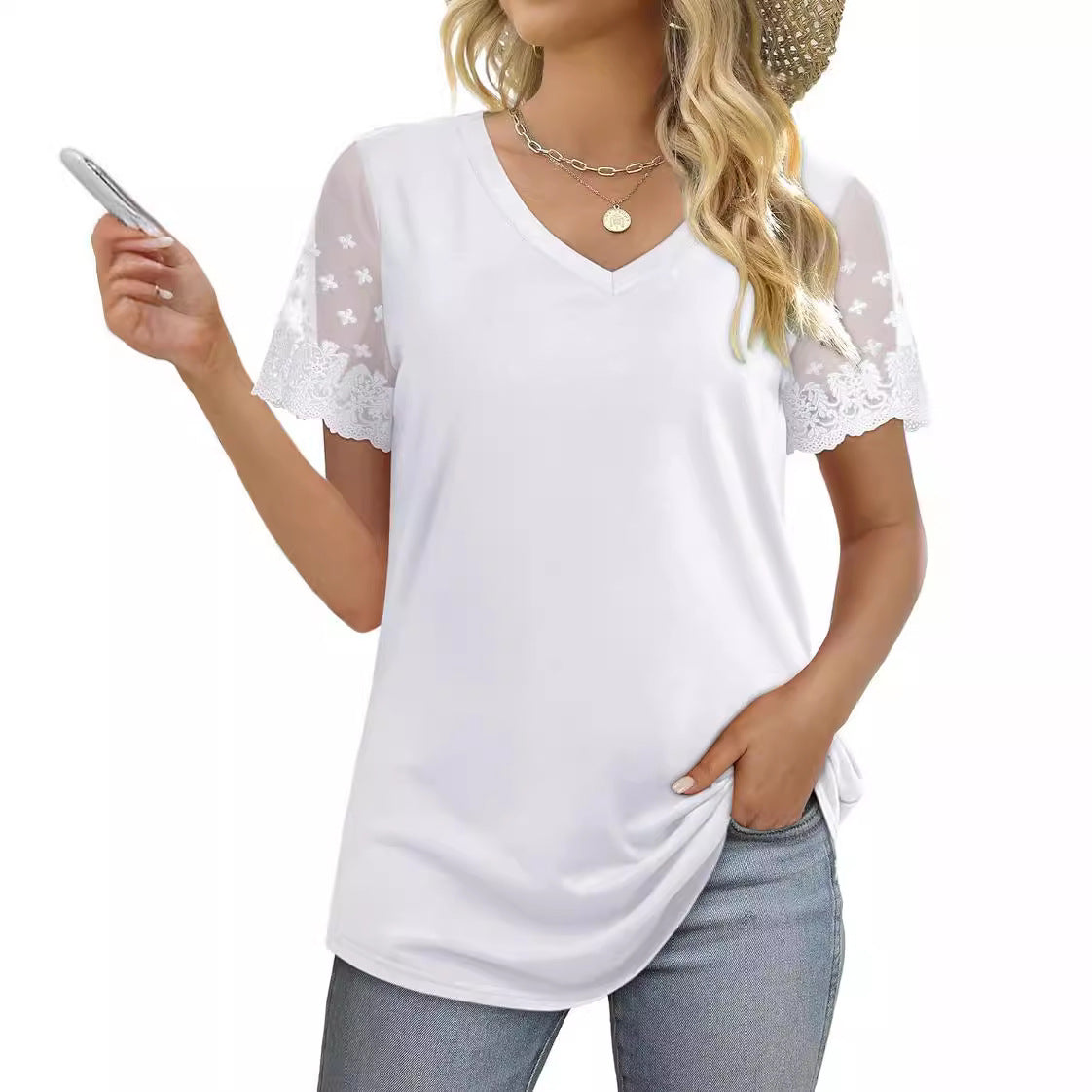 Damen Bluse mit eleganten Spitzenärmeln und V-Ausschnitt R&B