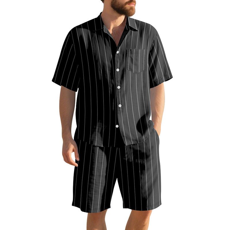 Herren Kurzarm-Pyjama-Set mit dezentem Streifenmuster und praktischer Brusttasche R&B