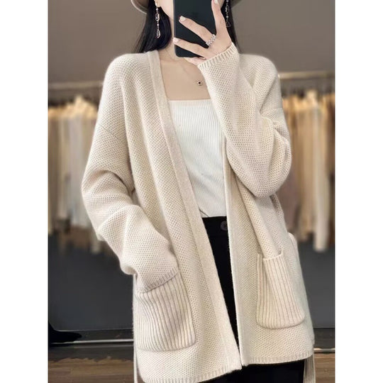 Damen bequeme Strickjacke mit Taillengürtel und Taschen R&B