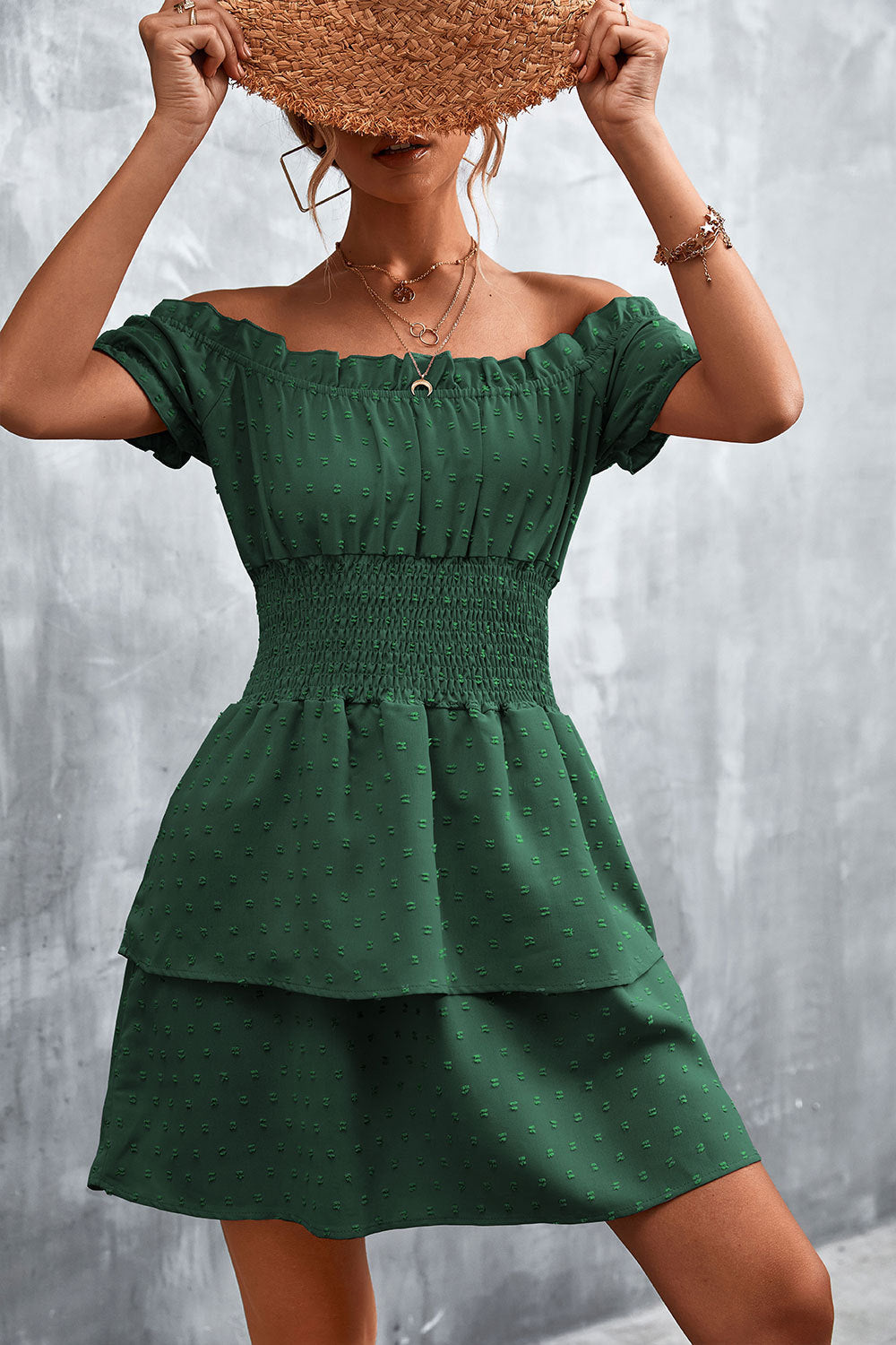 Damen Off-Shoulder Sommerkleid mit rüschenförmigem Saum und elastischem Taillenbund R&B