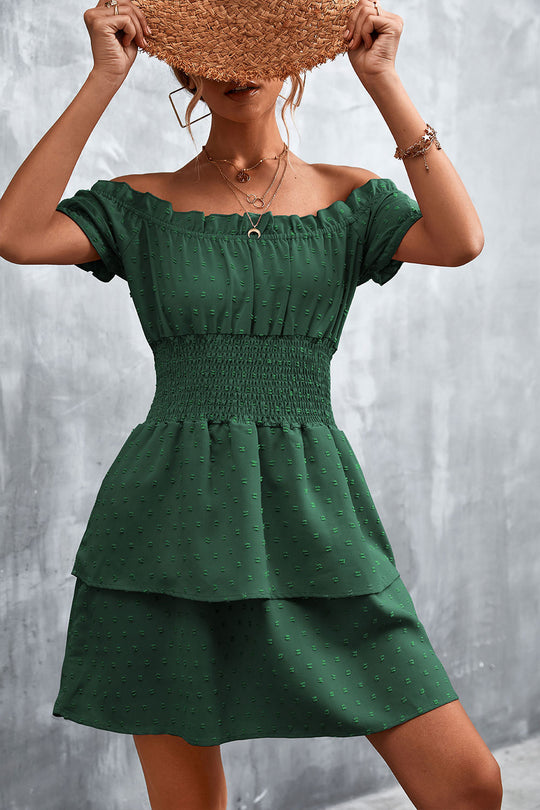 Damen Off-Shoulder Sommerkleid mit rüschenförmigem Saum und elastischem Taillenbund R&B