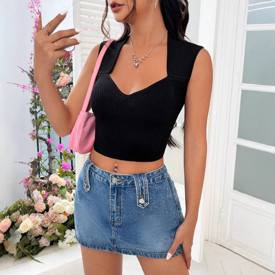 Damen Elegantes Crop-Top mit V-Ausschnitt und feiner Rippenstruktur R&B