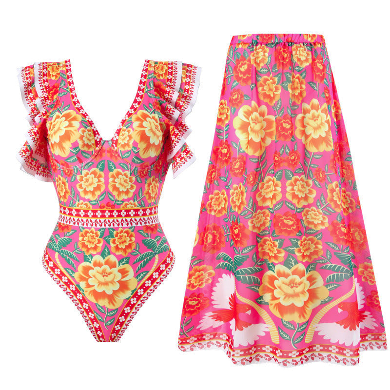 Damen Badeanzug mit Rüschendetails und floralem Überrock R&B