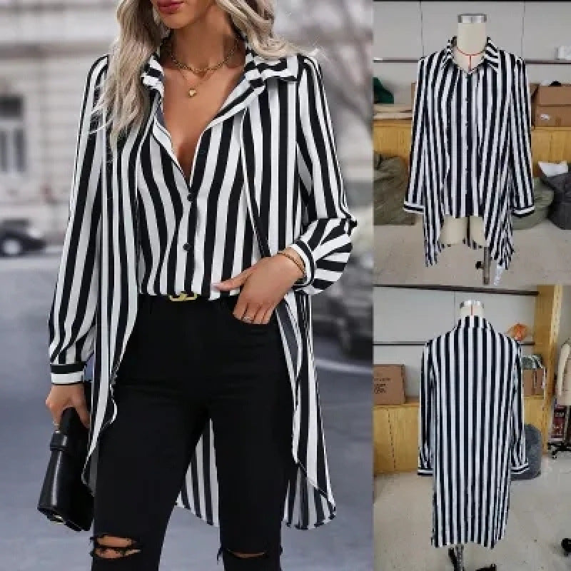 Damen Langarm Hemdbluse im modernen Streifenlook mit asymmetrischem Schnitt R&B
