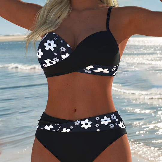 Damen Bikini-Set mit floralem Wickeldesign und hohen Beinausschnitten R&B