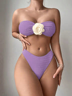 Damen Bandeau-Bikini mit dekorativen Blumendetails und hohem Beinausschnitt R&B