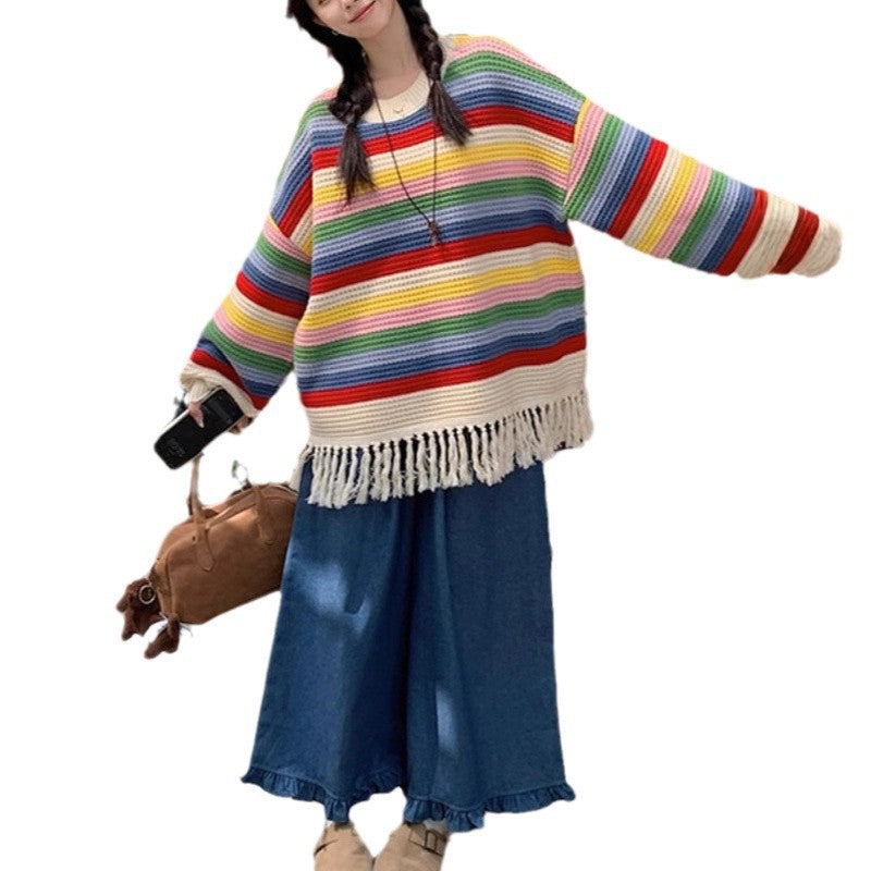 Damen Großer Strickpullover mit Fransen und buntem Streifenmuster R&B
