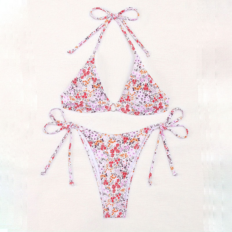 Damen Triangel-Bikini mit floralem Muster und verstellbaren Bindebändern R&B