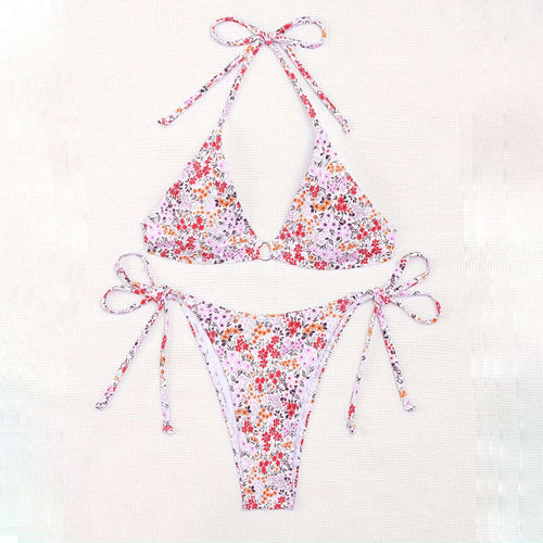 Damen Triangel-Bikini mit floralem Muster und verstellbaren Bindebändern R&B