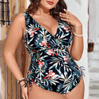 Damen Einteiler Badeanzug mit floralem Wickeldesign und figurformenden Raffungen R&B