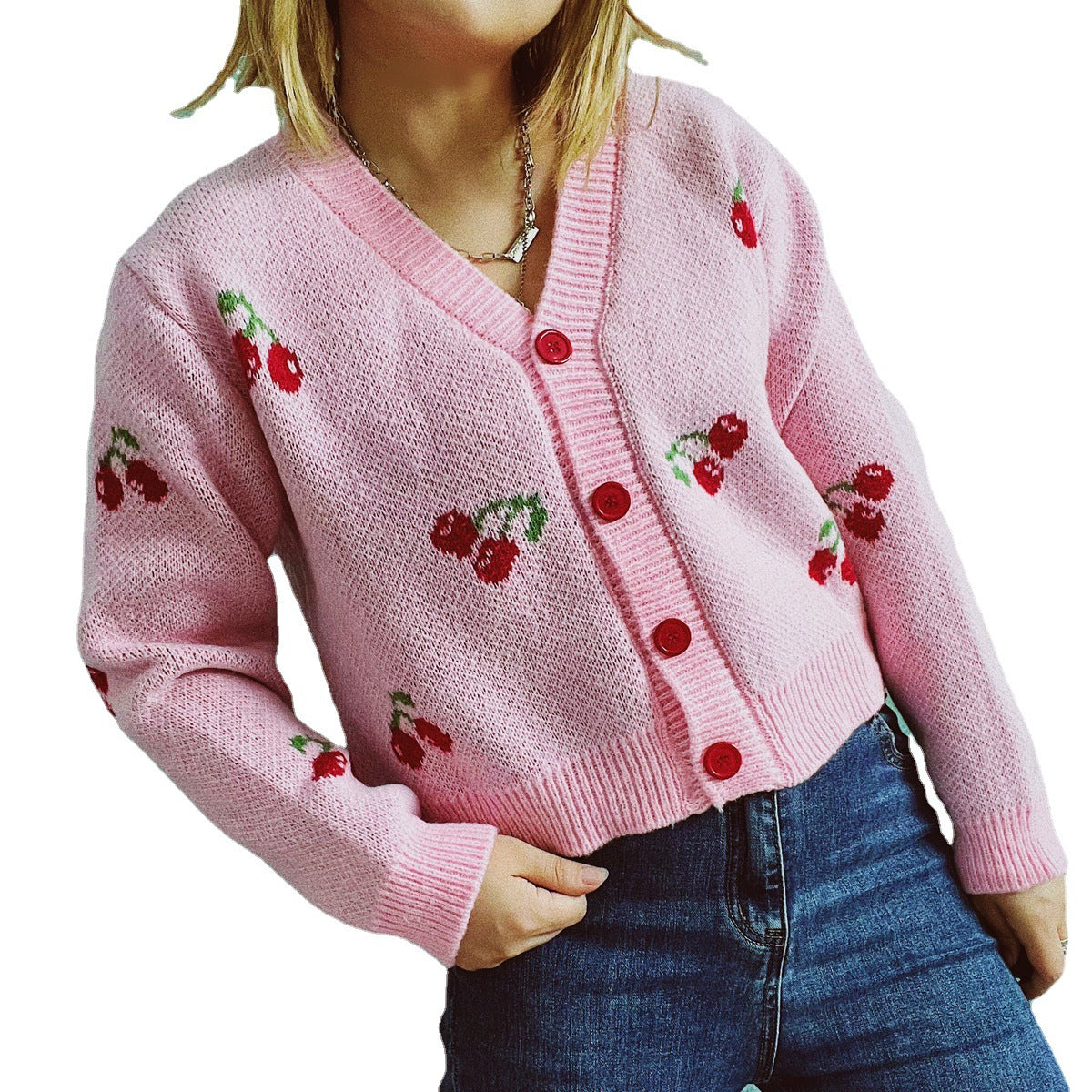 Damen Strickjacke im fröhlichen Kirschmotiv R&B