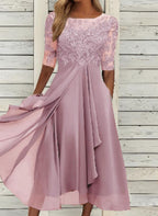 Damen nan V-Ausschnitt Chiffon-Midikleid mit besticktem Bustier, transparenten dreiviertel-Ärmeln und asymmetrischem Lagenrock R&B