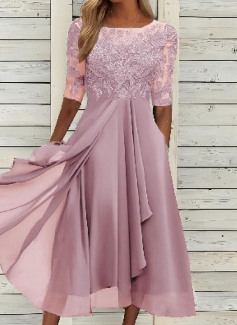 Damen nan V-Ausschnitt Chiffon-Midikleid mit besticktem Bustier, transparenten dreiviertel-Ärmeln und asymmetrischem Lagenrock R&B