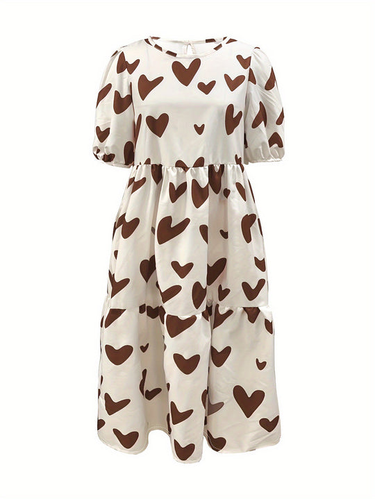Damen Minikleid mit modernem Herzmuster und luftigen Ärmeln R&B