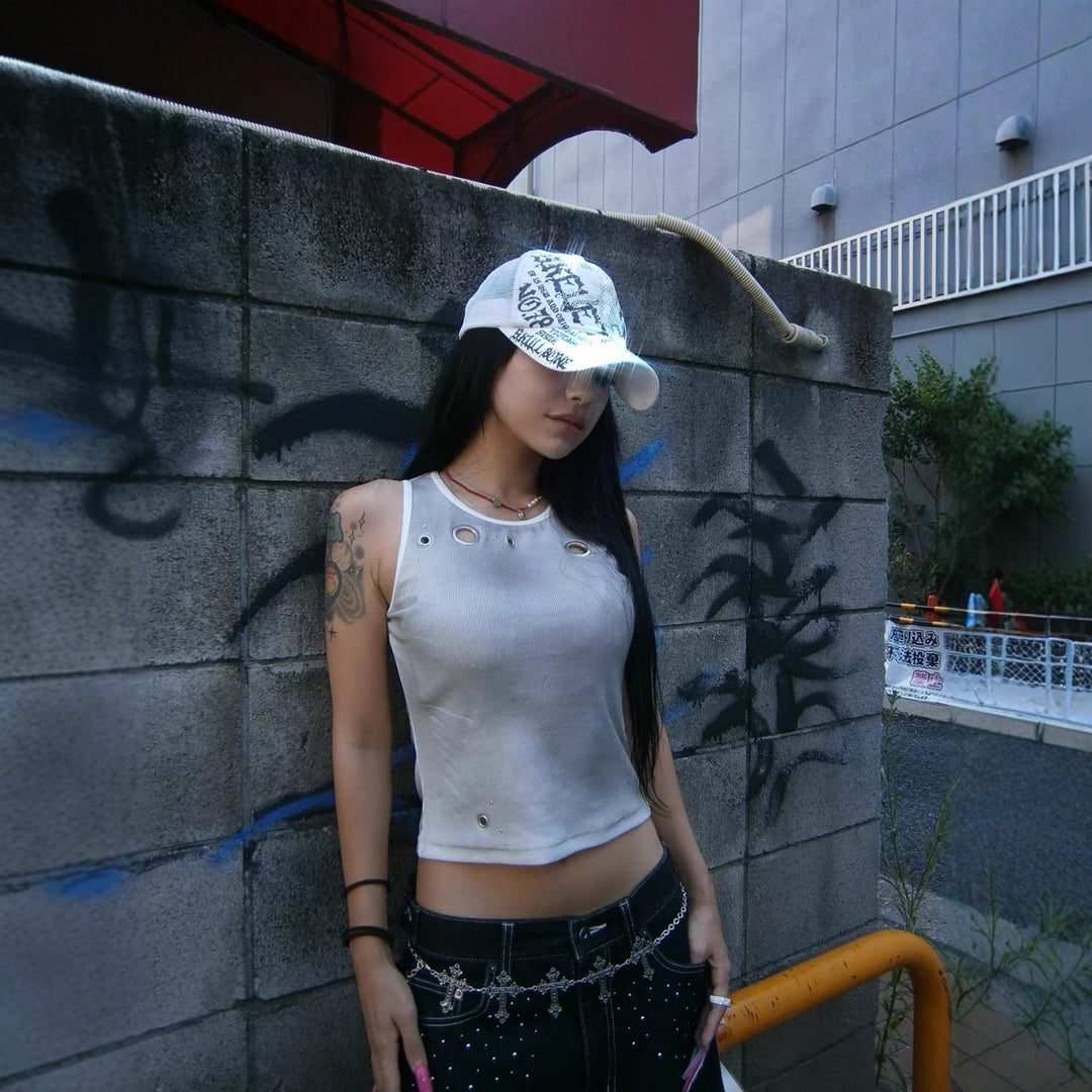 Damen Trendiges Tanktop mit dekorativen Ösen und schimmerndem Stoff R&B