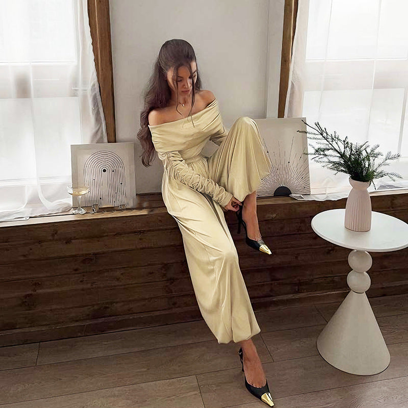 Damen Off-Shoulder Overall mit Raffungen und weitem Bein R&B