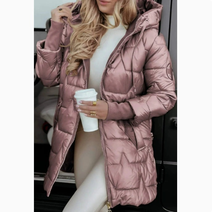 Damen lange, gefütterte Winterjacke mit Kapuze R&B