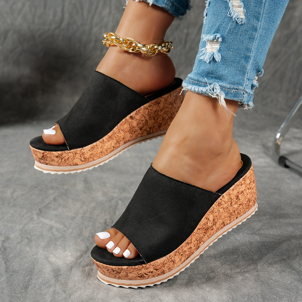 Damen Wedge-Pantoletten mit wildem Leopardenmuster und komfortabler Korksohle R&B