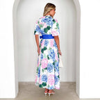 Damen Maxikleid mit botanischem Blütenmuster und tailliertem Bindegürtel R&B