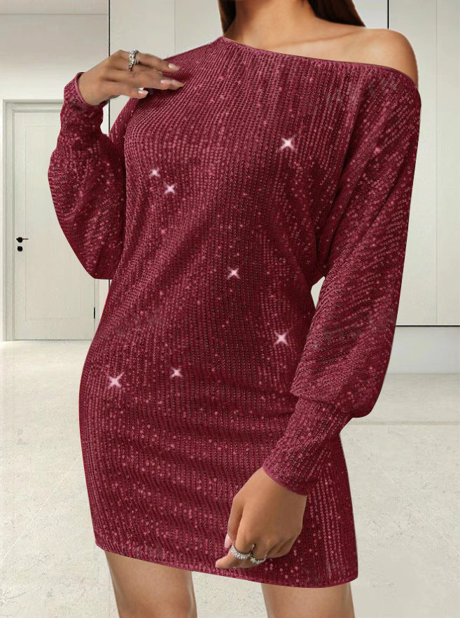 Damen Funkelndes Minikleid mit asymmetrischem Ausschnitt und Ballonärmeln R&B