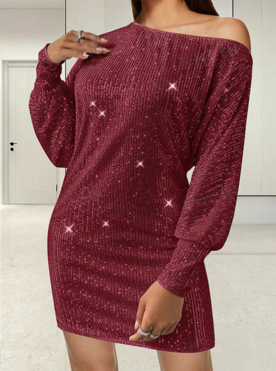 Damen Funkelndes Minikleid mit asymmetrischem Ausschnitt und Ballonärmeln R&B