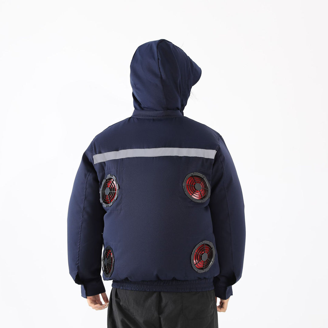Unisex nan ventilated jacket for work and outdoor with integrated USB fans, battery compartment and hood R&B