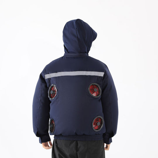 Unisex nan ventilated jacket for work and outdoor with integrated USB fans, battery compartment and hood R&B
